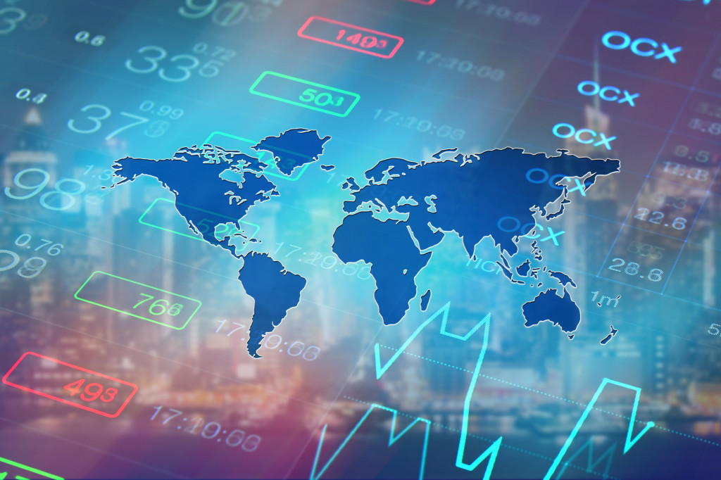 world map with overlay of market fluctuations